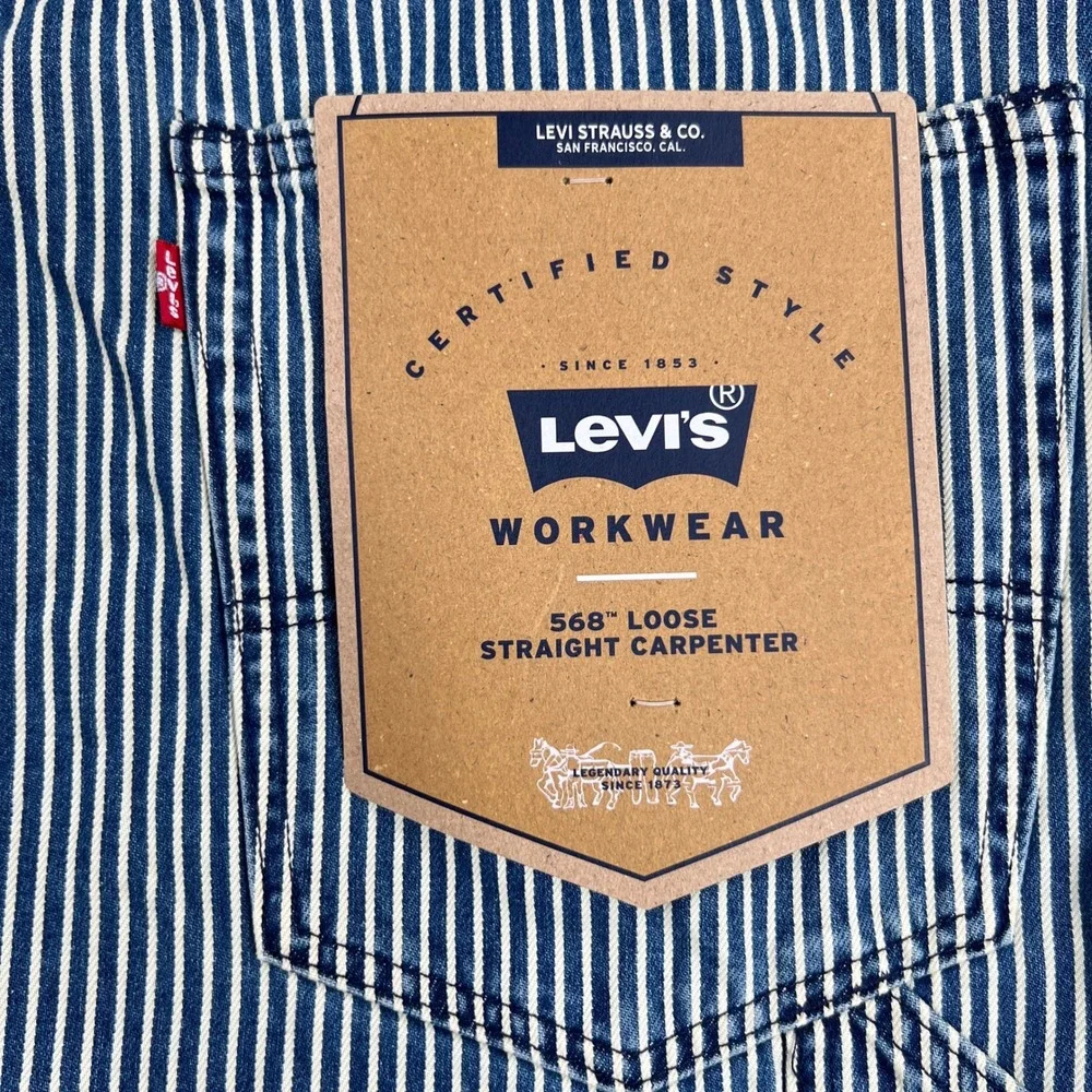 Levi's 568 Hickory Stripe Carpenter Pants 38x32 Blue Loose Straight Workwear NWT
